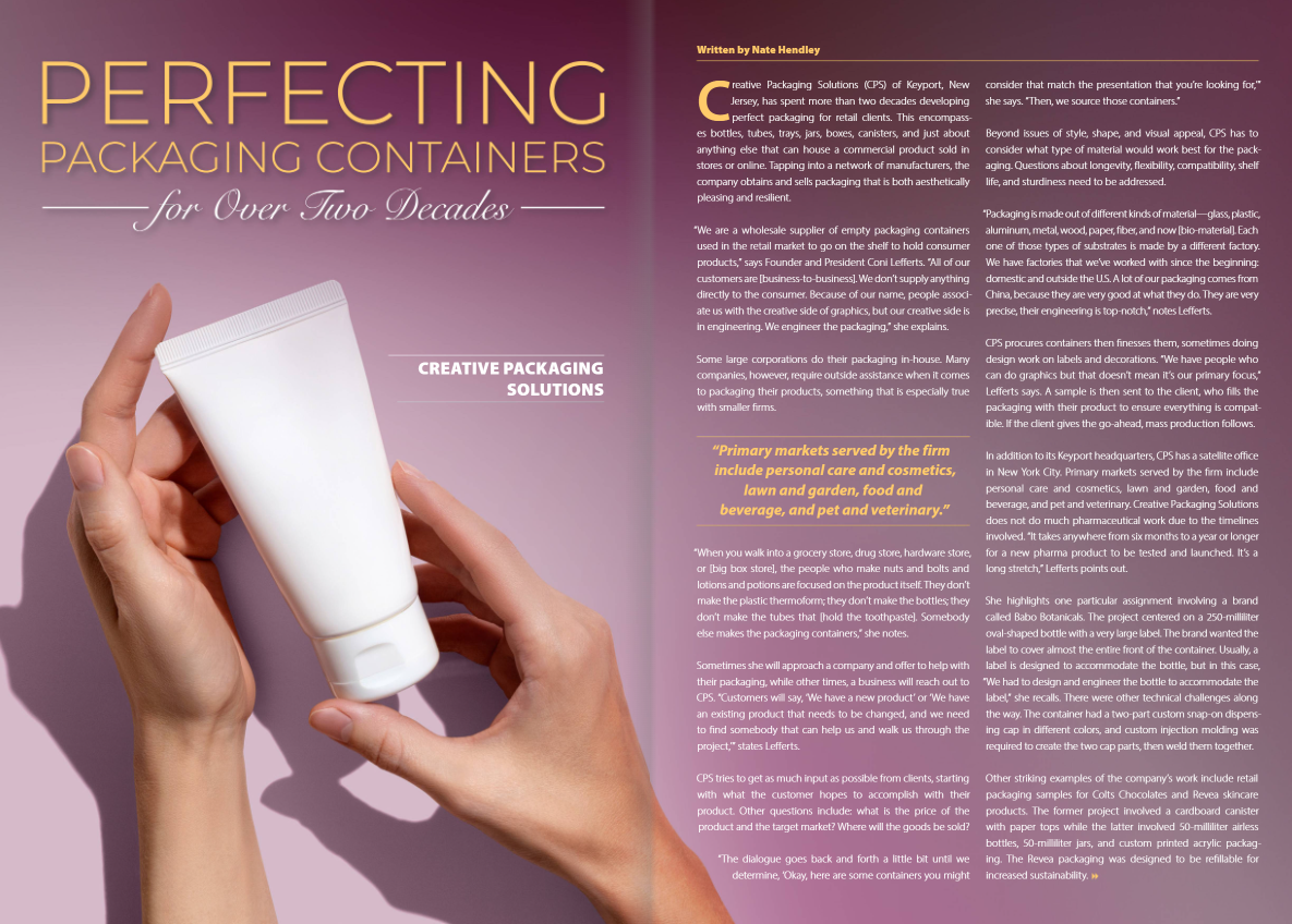 News article entitled "Perfecting Packaging Containers: For over Two Decades" with a picture of hands holding a skin care bottle. The words of the article are in the image and also written below on the webpage.
