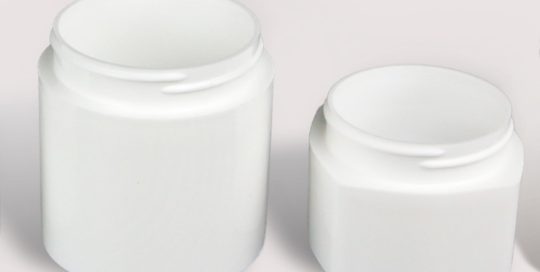Two white plastic jars with wide mouths and threads, one tall and cylindrical, one short and square.