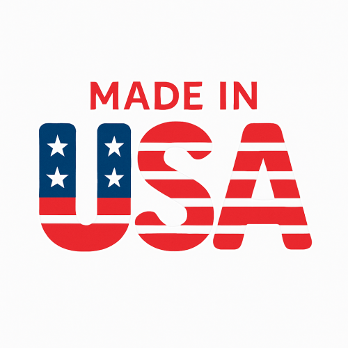 Made in USA bottom banner replacement, 8-11-25 Made in USA logo with the word USA in bold letters styled with stars and red and white stripes of the American flag, and "Made in" written above in red.