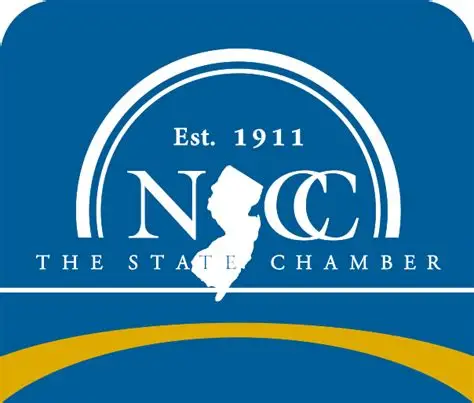 Logo of the New Jersey Chamber of Commerce featuring a white silhouette of New Jersey between the letters N and C, with "Est. 1911" above and "The State Chamber" below, on a blue background with a gold arc.