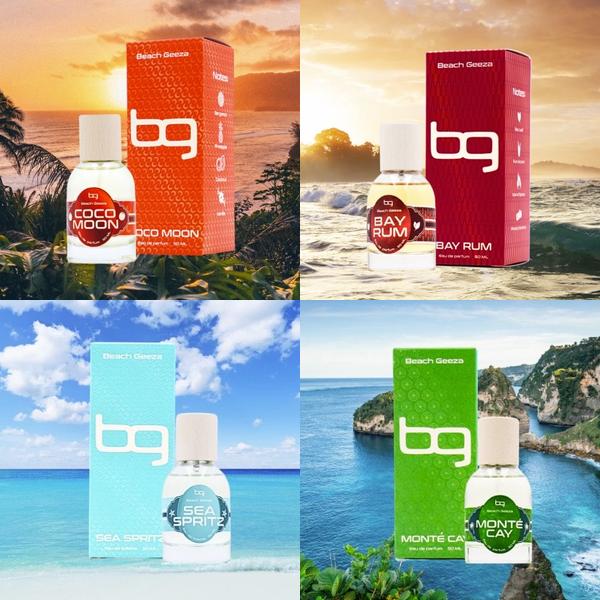 A four-image grid shows four fragrances—Coco Moon, Bay Rum, Sea Spritz, and Monte Cay—each displayed with its matching colored box and a beach or ocean background. The images emphasize tropical settings and coordinated bottle-and-box designs.