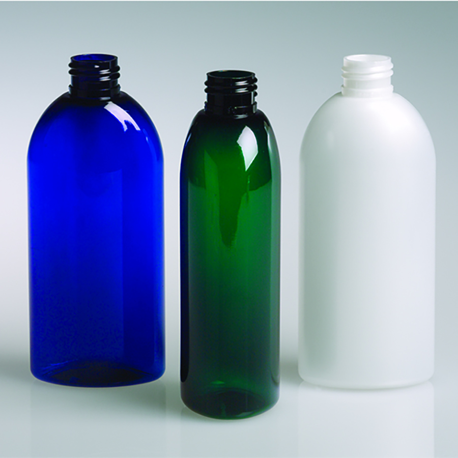 three soft shouldered oval bottles in cobalt blue, green and white, shown in three sizes