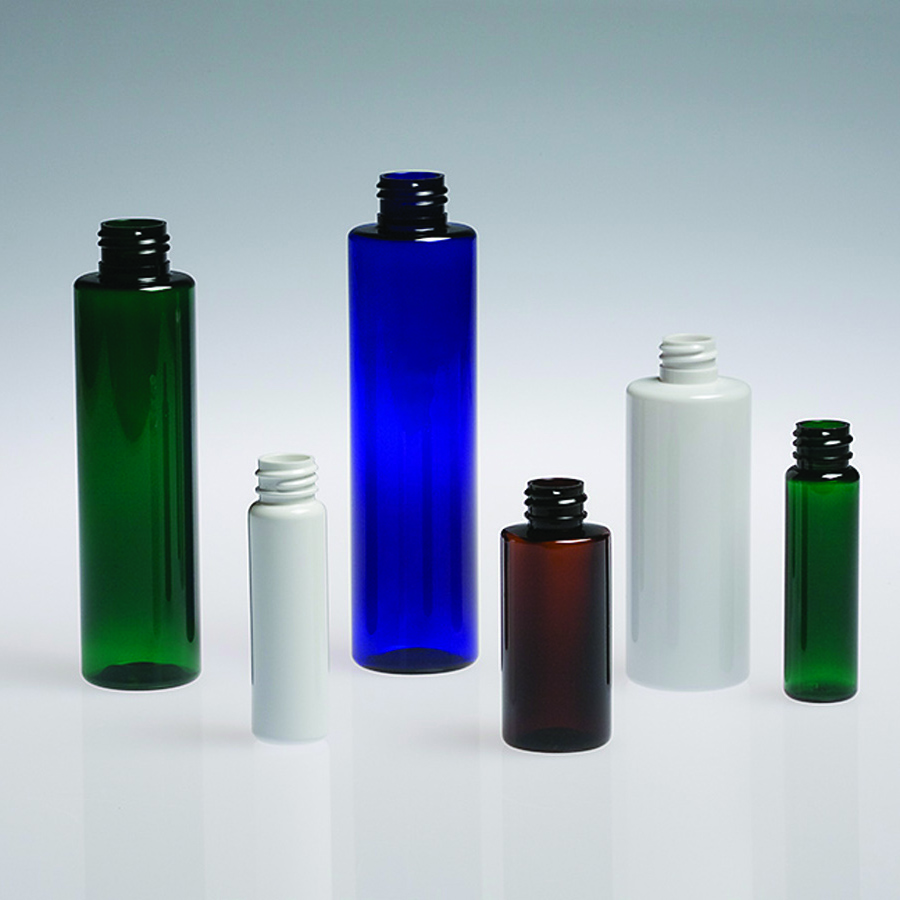 six tall cylindrical bottles in green, frosted white, cobalt blue, amber, clear, and green, shown in multiple sizes