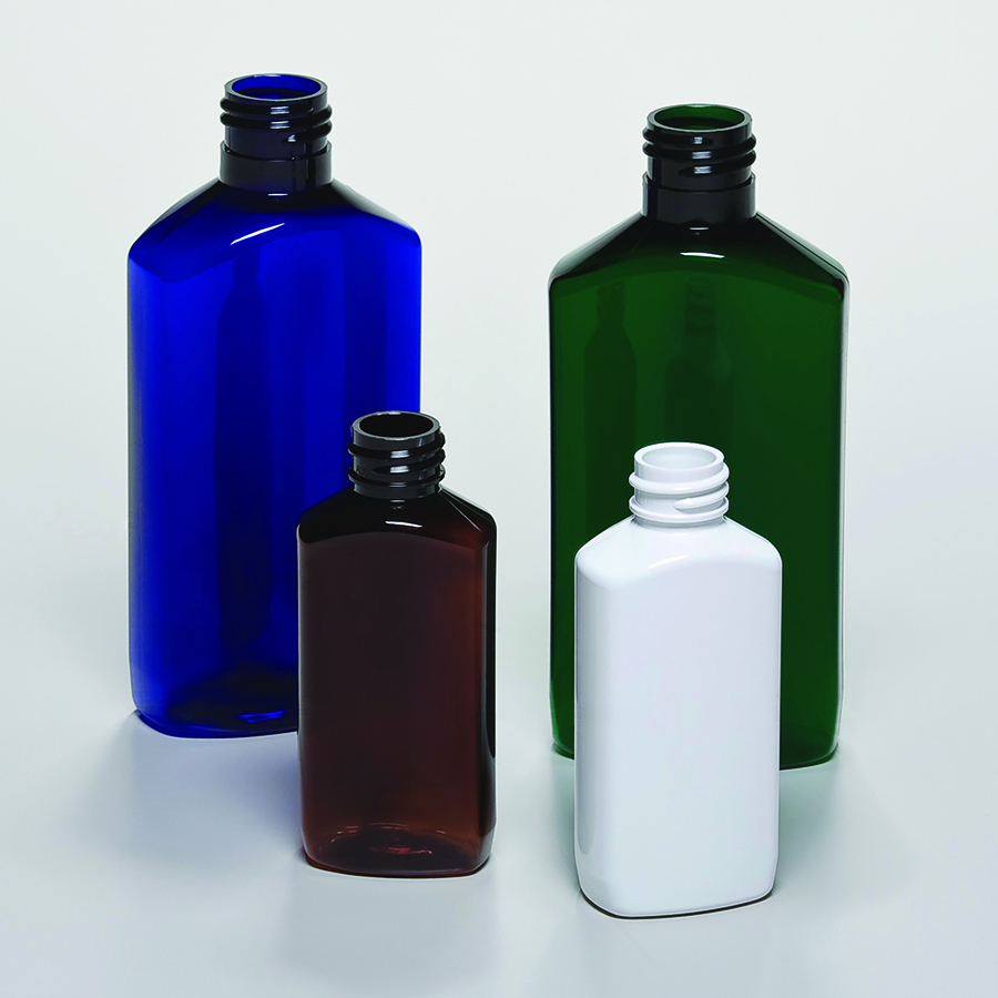 four pharmaceutical-style oblong bottles in cobalt blue, amber, white, and green, shown in multiple sizes