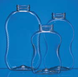 three clear plastic oblong or oval bottles with round shape and a slightly pinched waist on the sides.