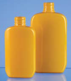 two sizes of yellow plastic oval bottles with rounded shoulders and bases.