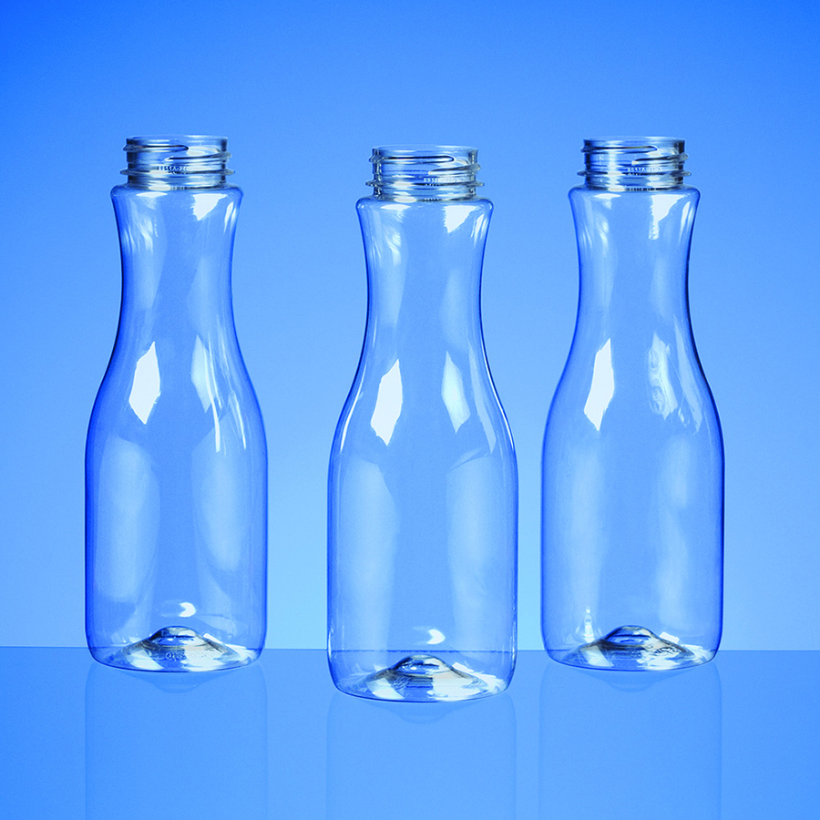 3 clear plastic round bottles with full wrap panel areas and smaller neck for gripping