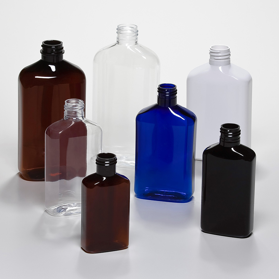 apothecary-looking plastic bottles in clear, brown, white, blue and frosted white plastic