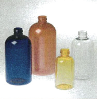 four shorter or squattier boston round bottles in cobalt blue, red, yellow, and clear, shown in multiple sizes