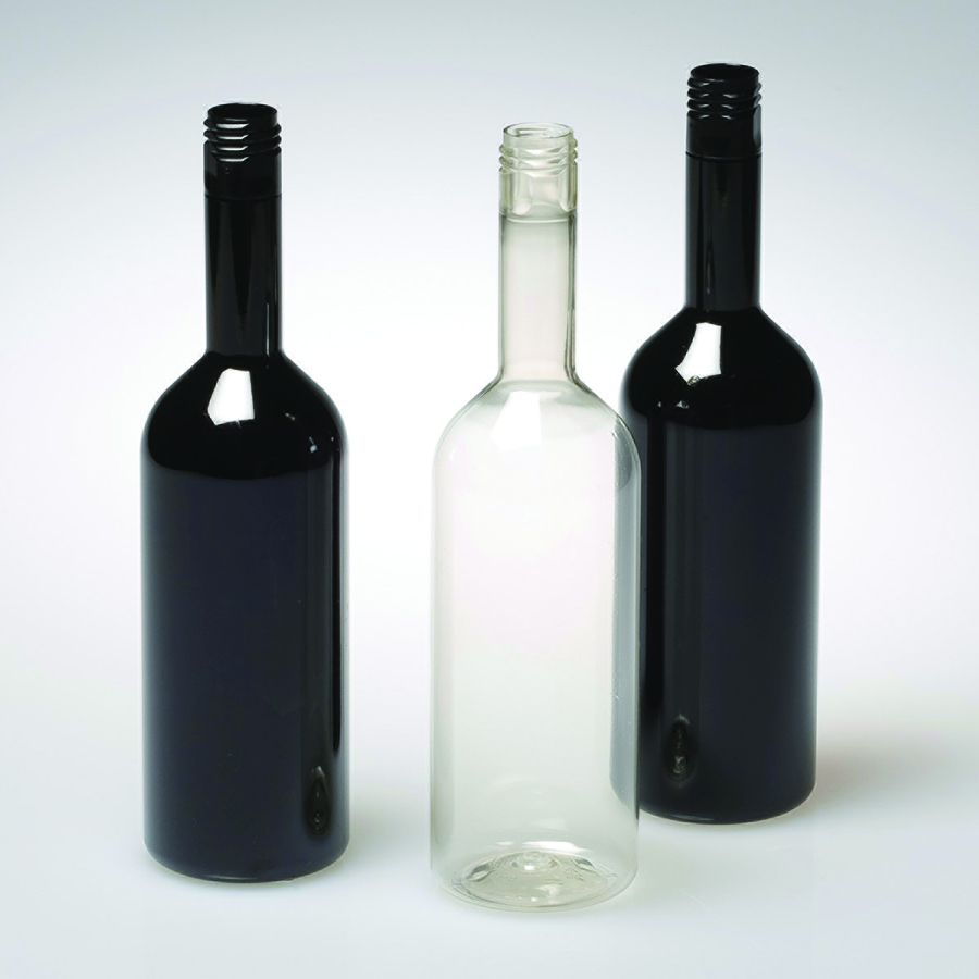 round clear and black plastic bottles with tall, long necks