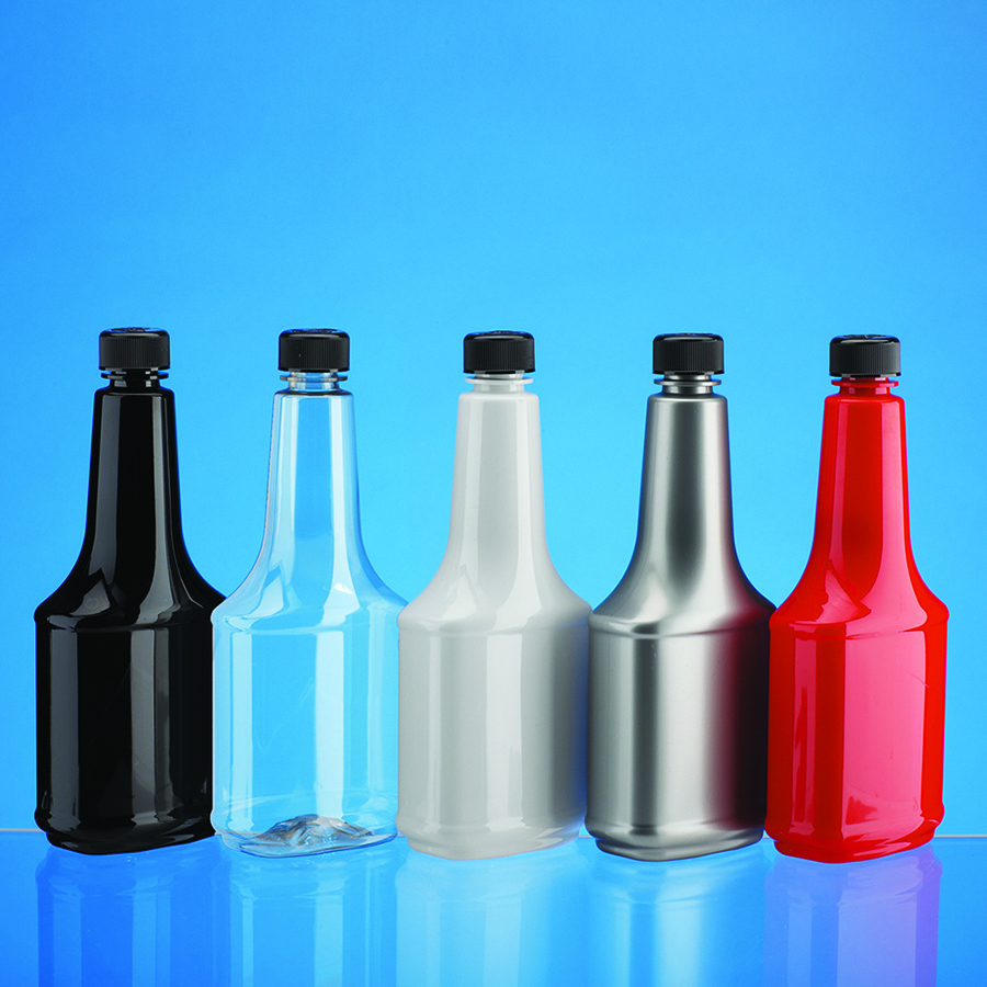 5 oblong automotive plastic bottles in black, clear, white, silver and red colors