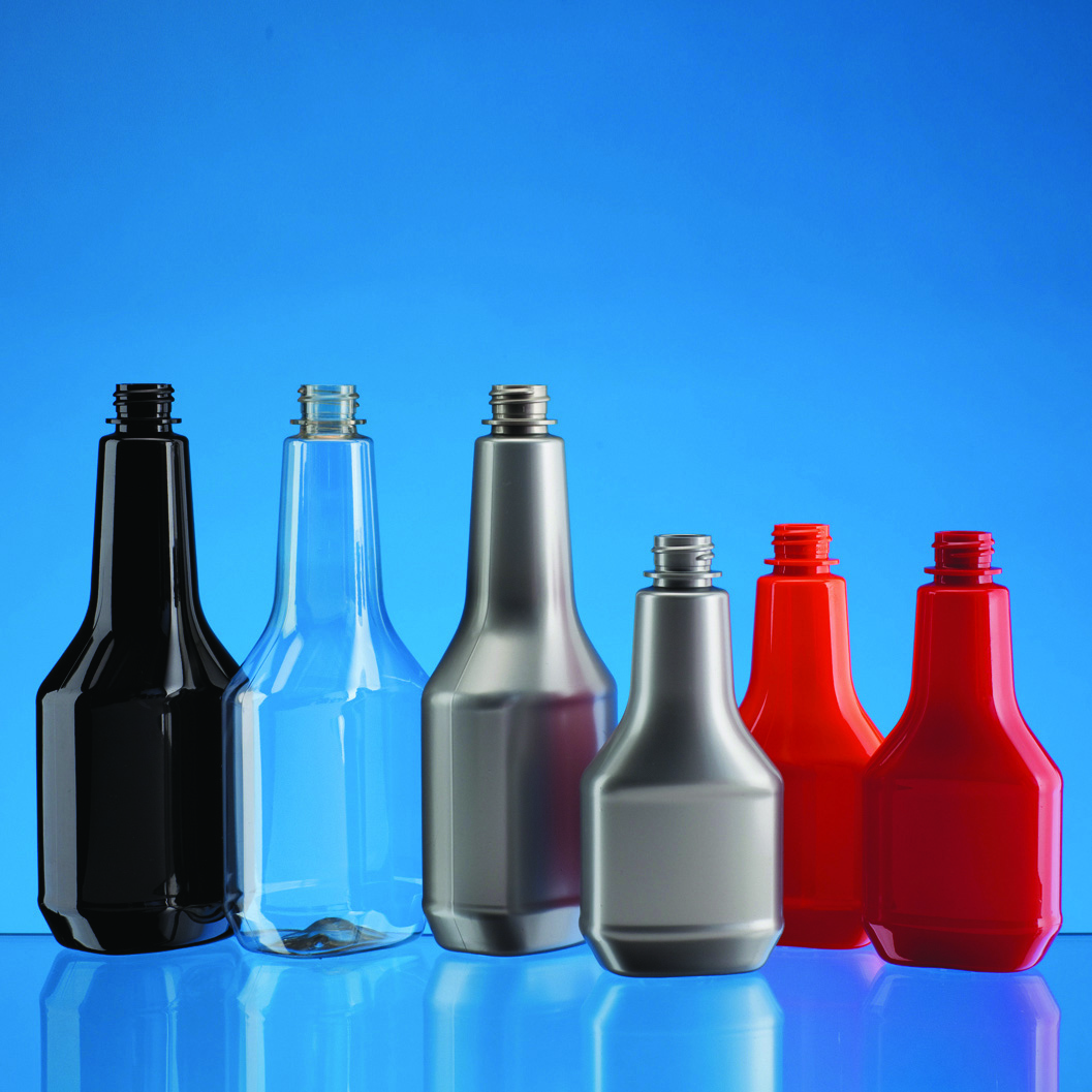 6 plastic bottles in 2 sizes in assorted colors - black, red, orange, red, clear and silver