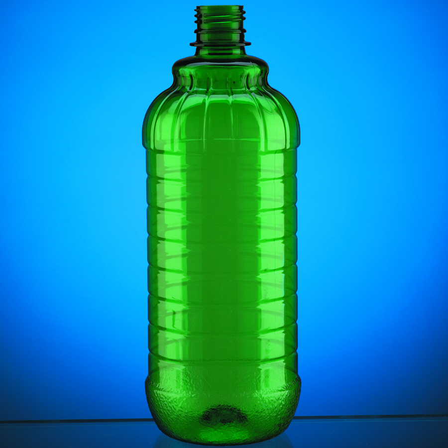 transparent green plastic bottle with ribbed shoulder and body for shrink sleeve label