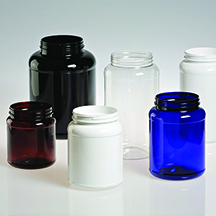 6 large capacity round jars in 6 sizes with wide openings in brown, black, clear, white and blue.
