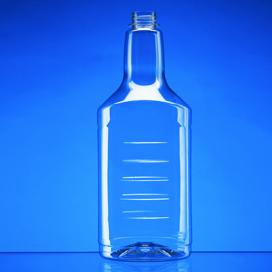 large clear plastic bottle with gripper ribs on two panels and taller neck