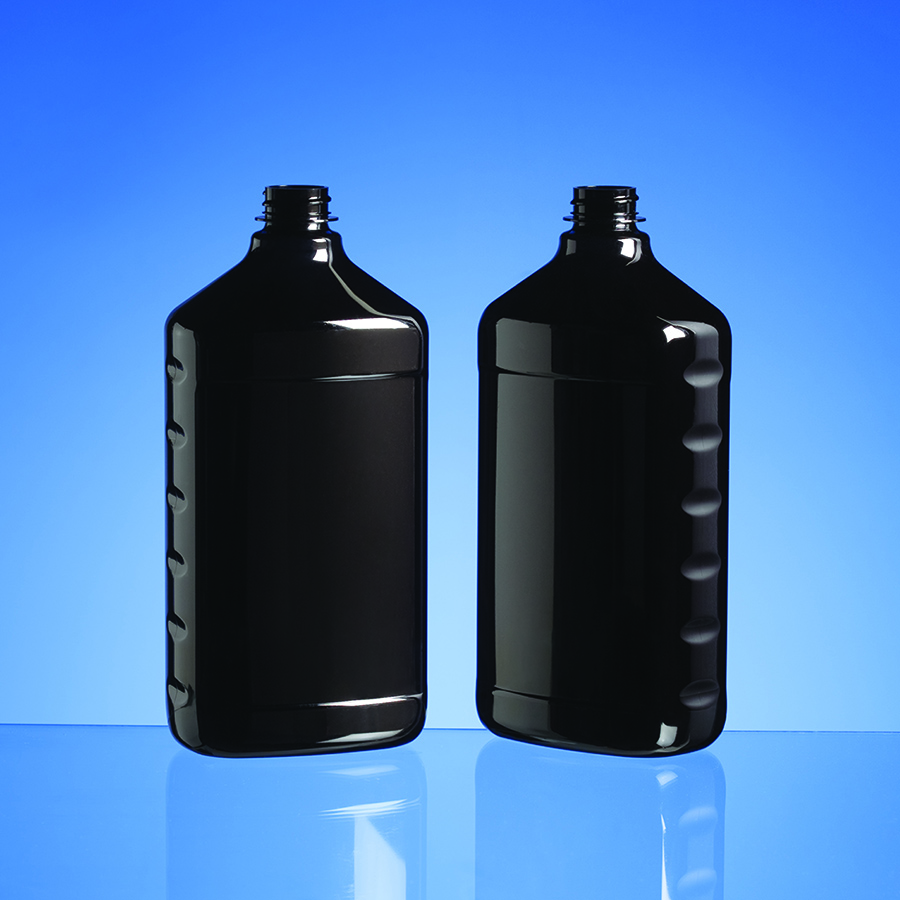 2 black plastic oblong bottles with grip areas on the sides