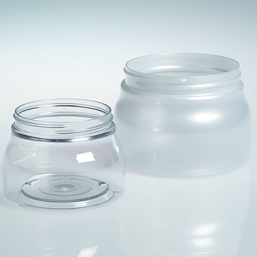 2 round squatty plastic jars in 2 sizes in clear and translucent frosted