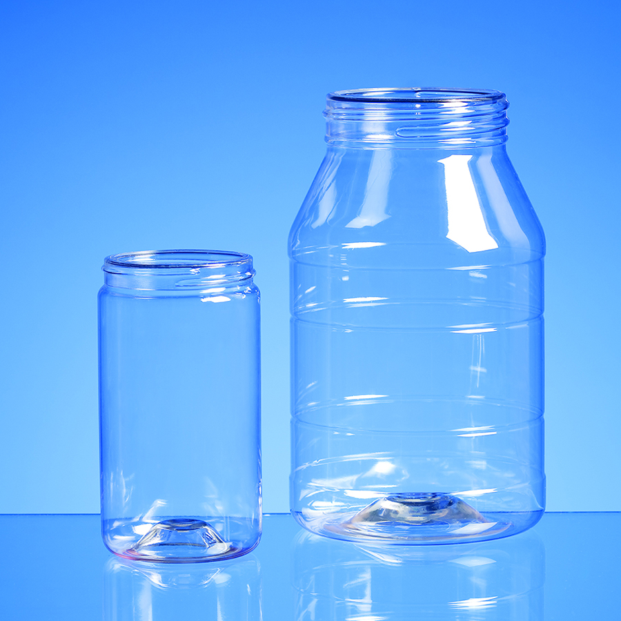 2 clear plastic straight-sided round jars with wide openings in 2 sizes