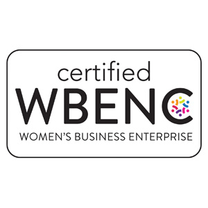 Image reads "Certified WBENC Women's Business Enterprise". The words are wrapped in a black border and the C in the acronym has a colorful circle in the middle.